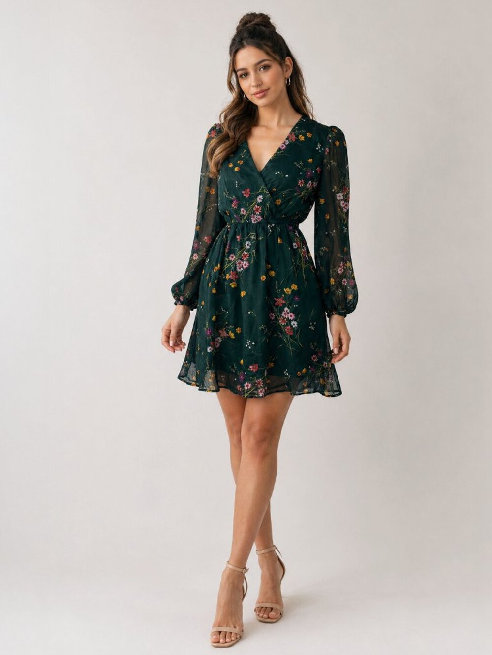 NWT Cupshe L Green Floral Chiffon Mini Dress Cottagecore Romantic Boho